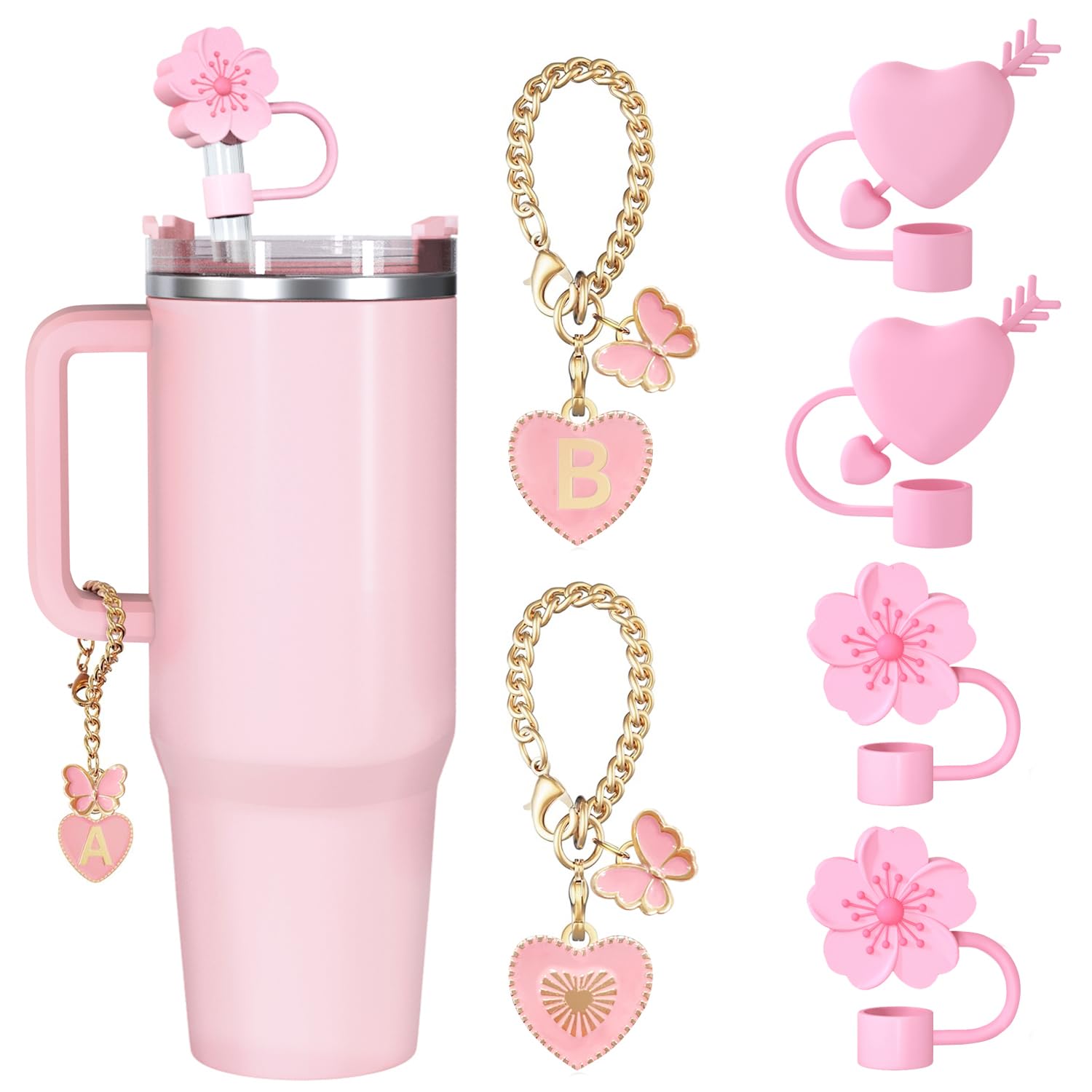(2+2+2) 2pcs Flower Straw Cover 10mm For Stanley Tumbler Cup 2pcs Heart Reusable Straw Cap Topper with 2 Letter Charms Accessories Name ID Personalized Charm For Stanley 30&40 Oz Cup (B)