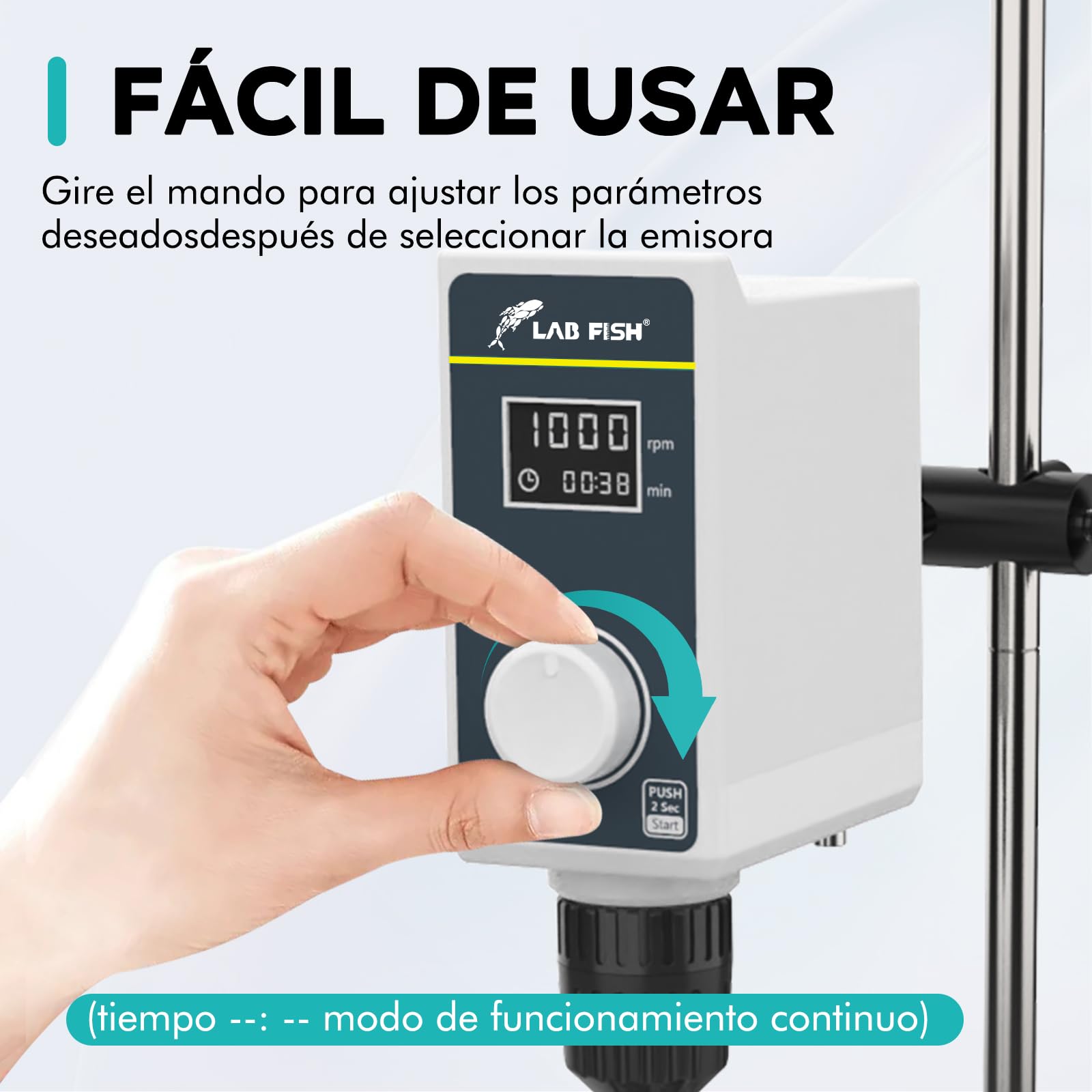 LAB FISH Agitador de Sobremesa Overhead Stirrer, Mezclador de Laboratorio con Paleta y Soporte Acero Inox, Velocidad Ajustable 100-1500 RPM, Temporizador 1min-24h, 20L