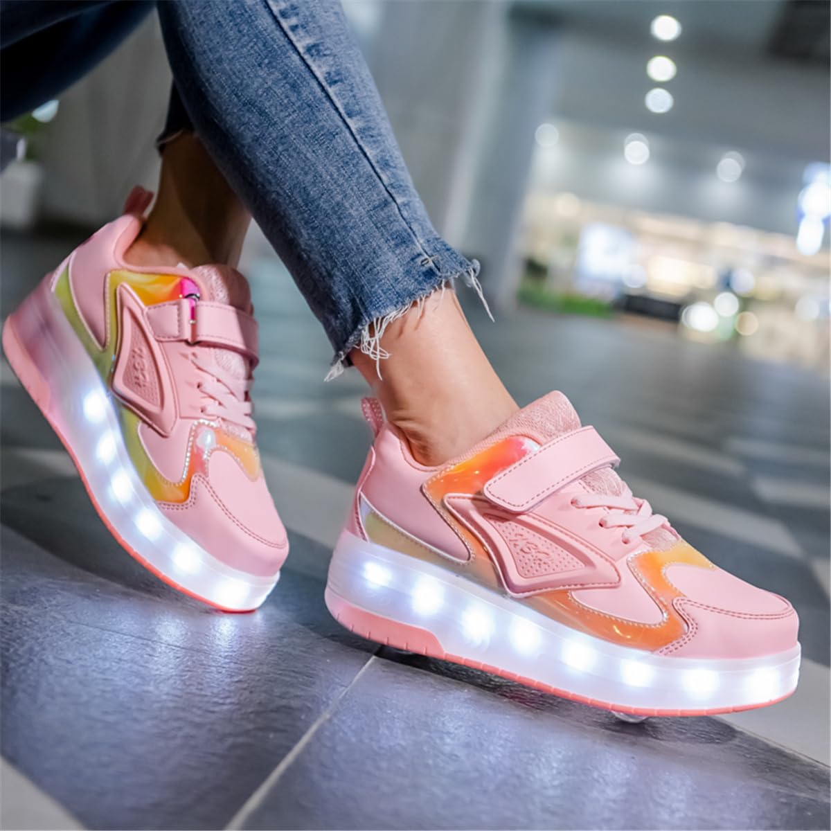 Wrotki LED/buty, wrotki LED, dla unisex dzieci chłopców dziewczyn, 7 kolorów, chowane podwójne kółka, lekkie, niskie, na zewnątrz, sportowe, buty z oświetleniem LED, gimnastyczne, do biegania, trampki