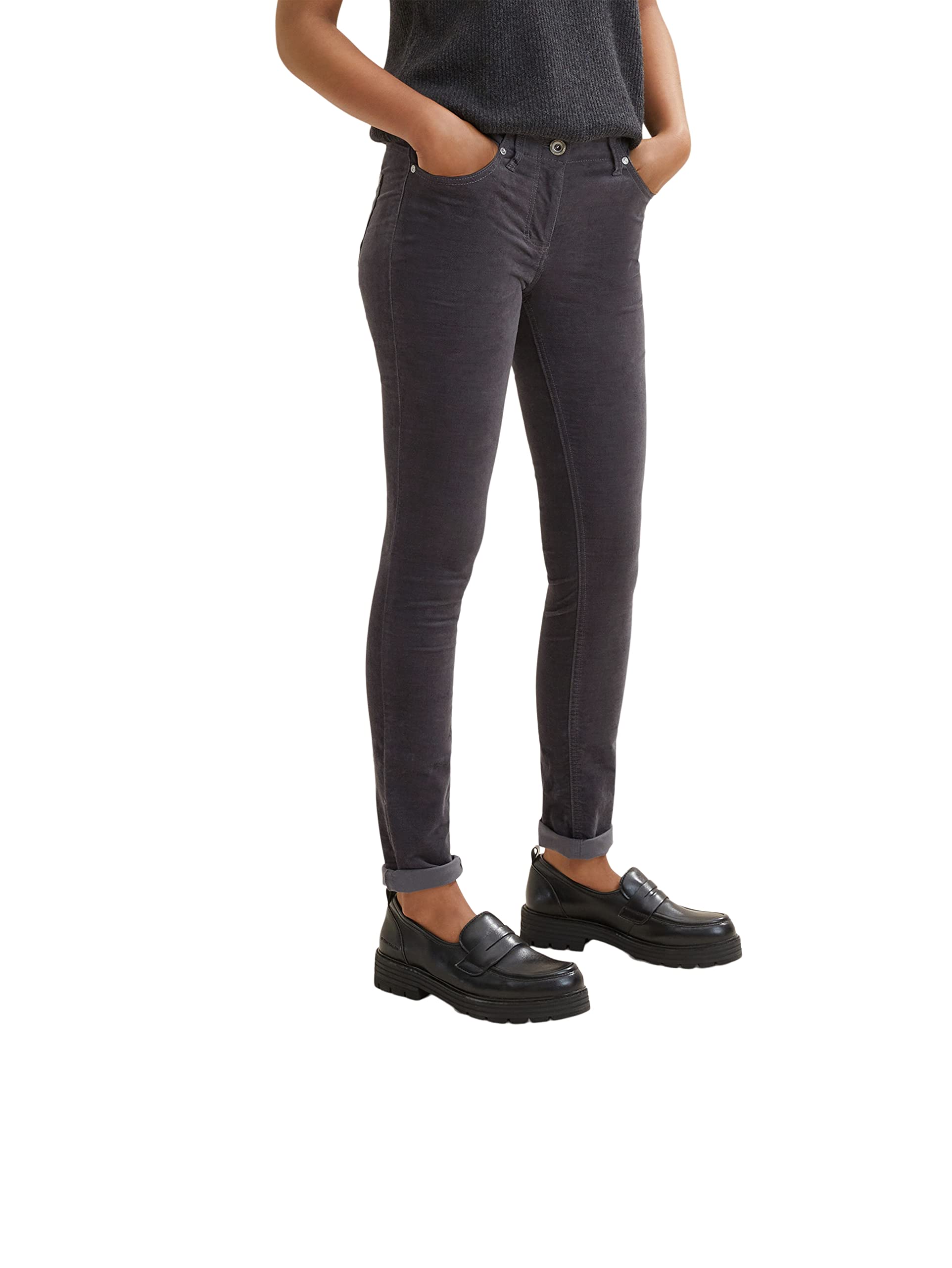 TOM TAILOR Ladies Alexa Slim Velvet Pants 1034190, 15417 - Evident Anthracite, 34W / 30L