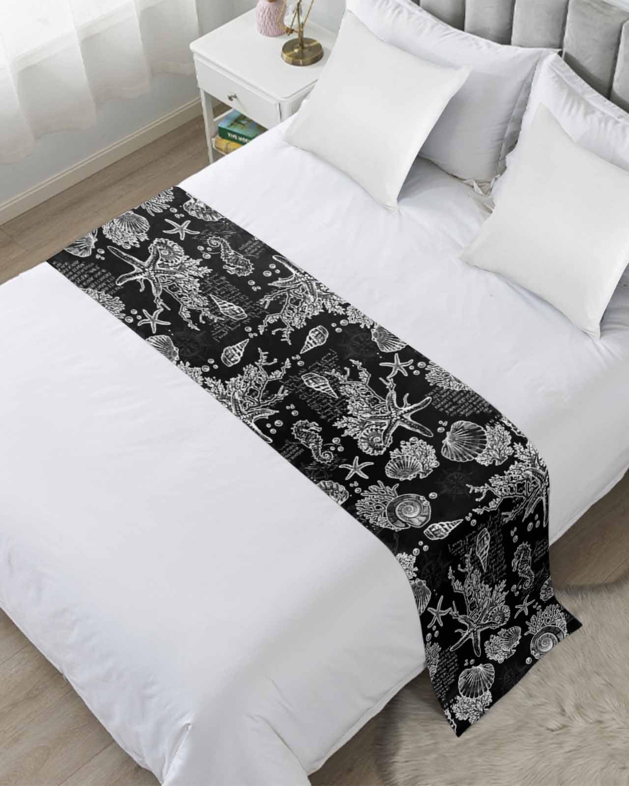 Yukro Bed Runner Scarf, Black Coastal Starfish Shell Coral Seahorse Ocean Vintage Full Bed Scarf Runner, No Fading Decorative Bedding Scarf for Bedroom Hotels Homes and Guestrooms