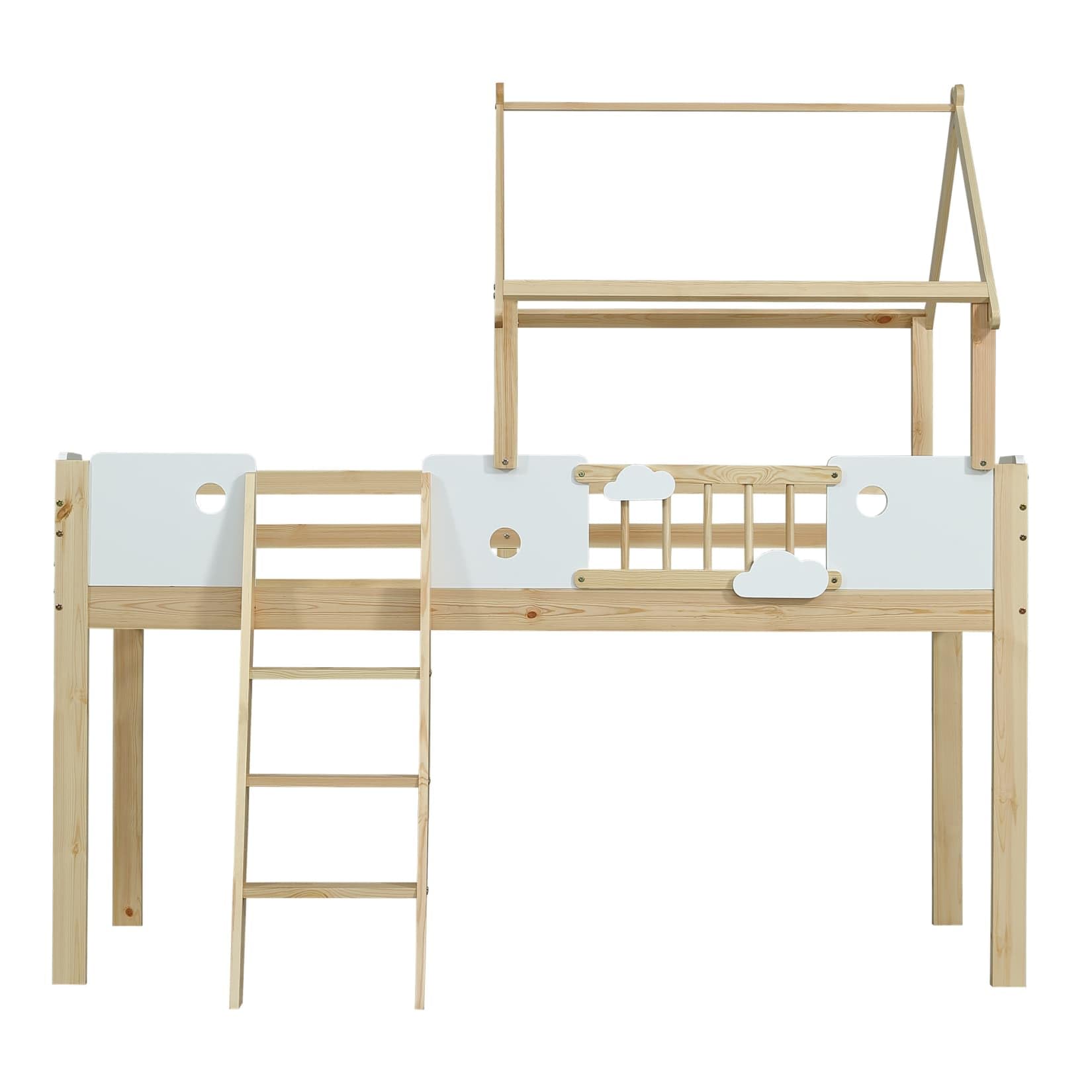 PUGSDRLY Lit Mezzanine Enfant 90x200cm avec Barrières,Lit Cabane Enfant avec échelle et Design Unique du Toit,Mi Hauteur,Cadre en Pin,Blanc+Naturel