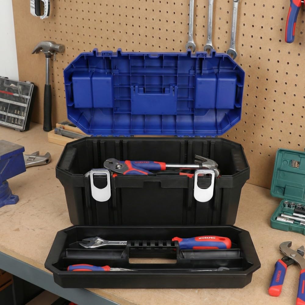 WORKPRO 19'' Metal Kilitli Plastik Takım Çantası, ABS Malzeme, 48.8x26.5x24.5 cm, 15 kg Taşıma Kapasiteli, 2 Şeffaf Bölmeli