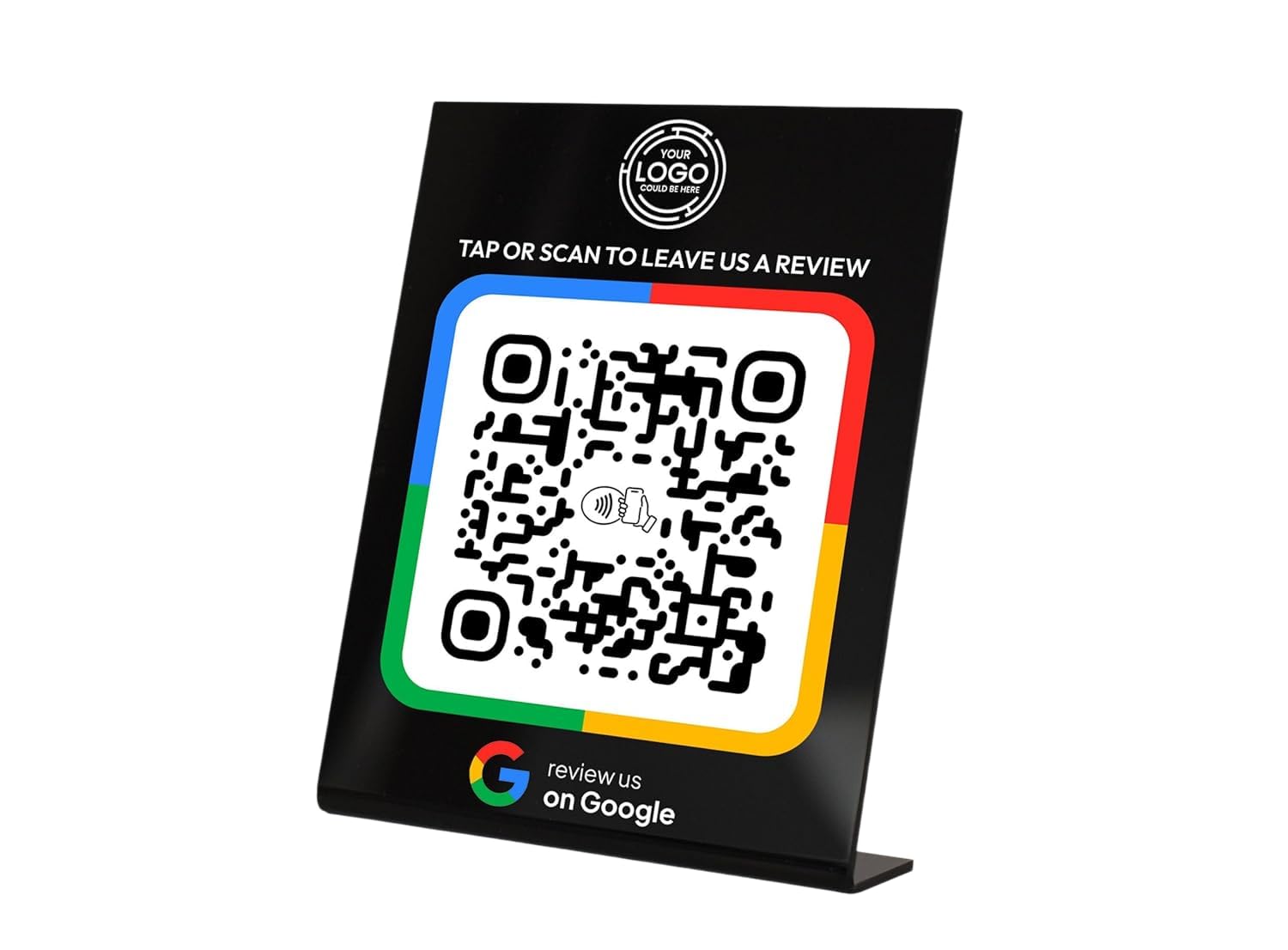 NFC Review Card Stand – Tap or Scan to Leave a Review, Digital Feedback Sign with QR Code & NFC, For Cafes, Retail, Salons, Hotels – Black, White, Frosted, or Clear Plaque