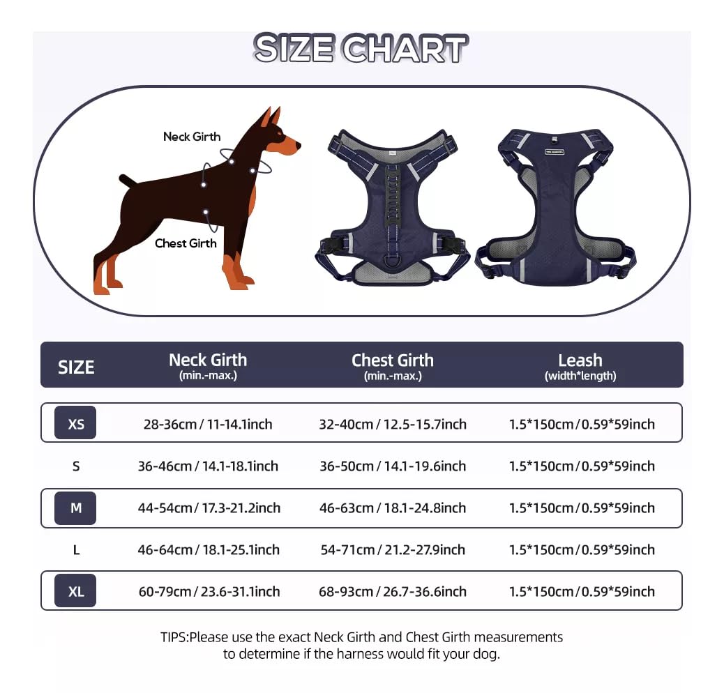 Arnés de seguridad Chest Plate para perros pequeños, medianos y grandes con correa, 1,5 m (azul oscuro, L)