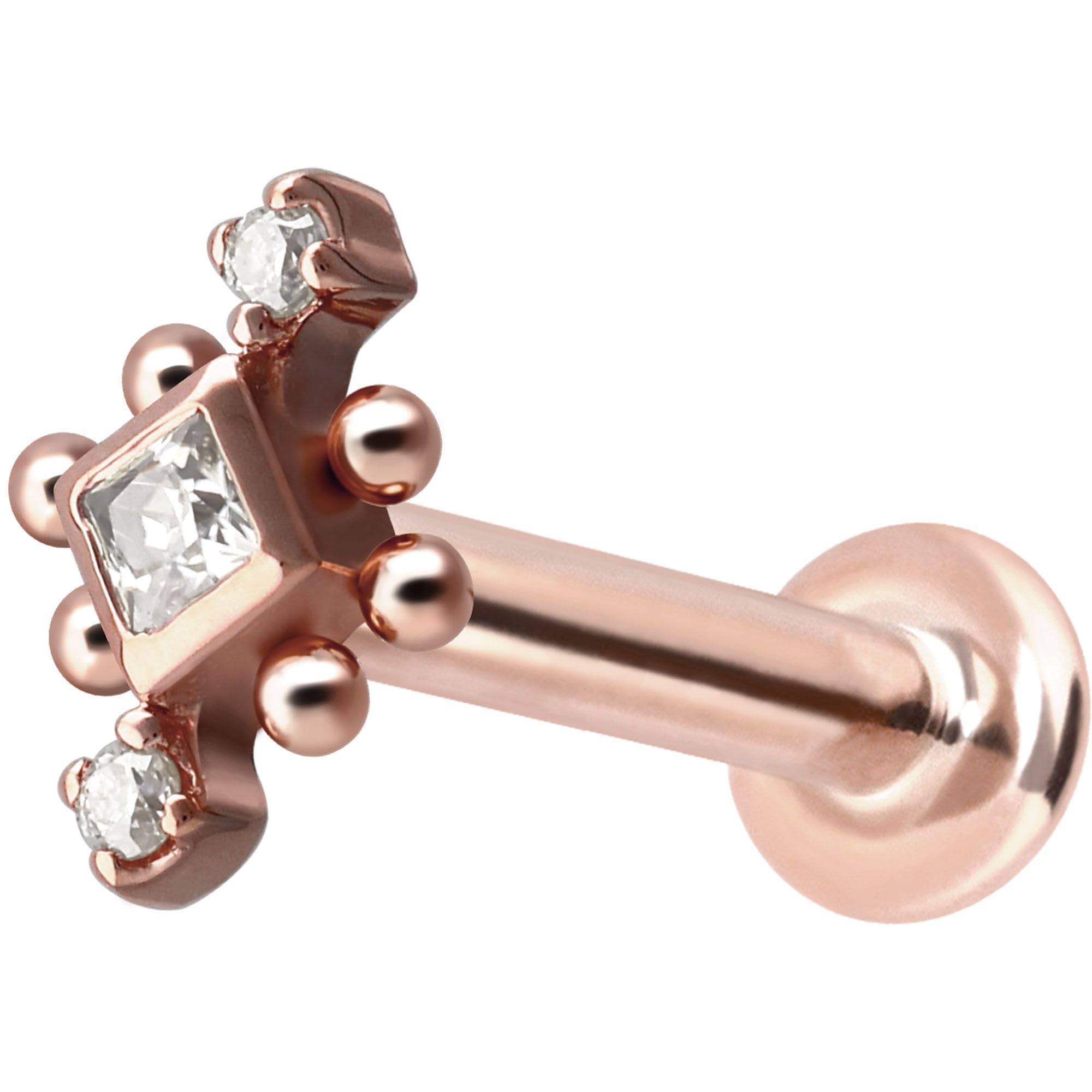 PIERCINGLINE Piercing Stecker 14 Gold Labret mit Push Fit 3 MOISSANITE + KUGELN 585er Gold - Roségoldfarben, Goldfarben, Silberfarben