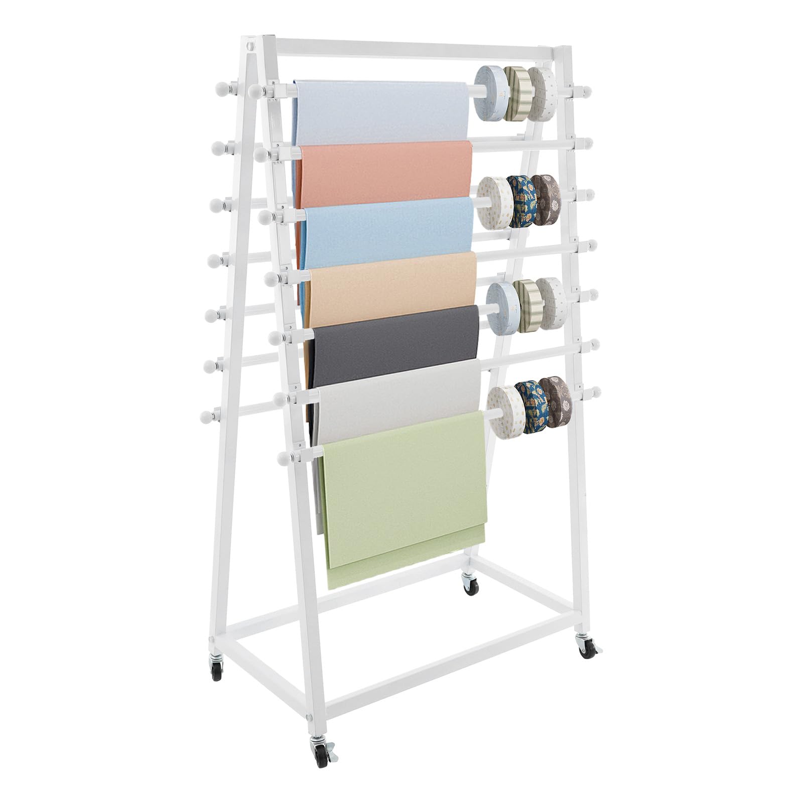 SHONFYVS Double-Sided Scarf Rack, 15 Tier Ribbon Storage Rack, Floor Standing Ribbon Organizer w/4 wheels, Tie/Belt/Towel/Scarf/Ribbon Display Rack for Home/Craft Room/Cake/Flower Store (White)