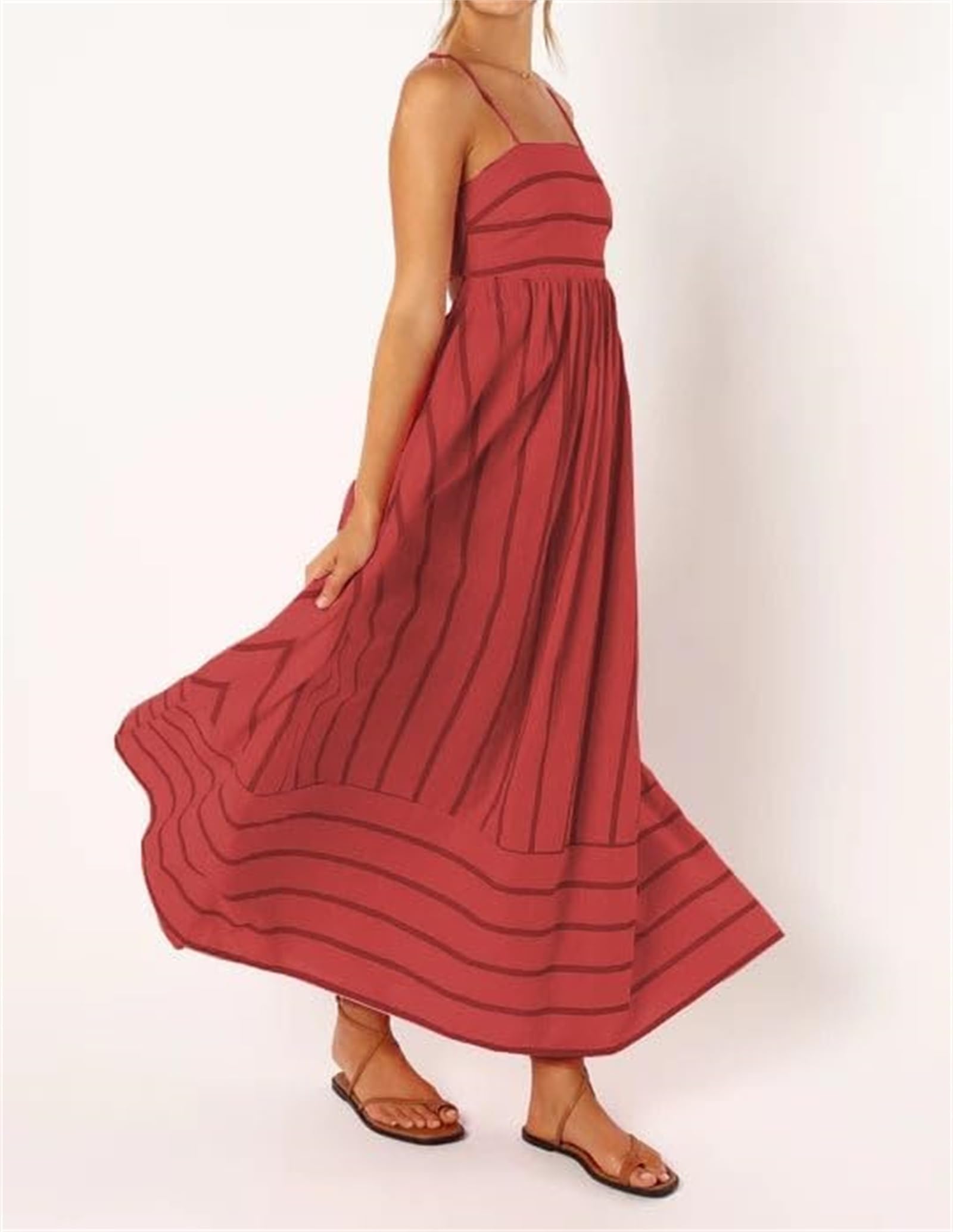 2026 - Maxi abito da donna a righe con punto smock sul retro, sexy, con spalline sottili ritagliate