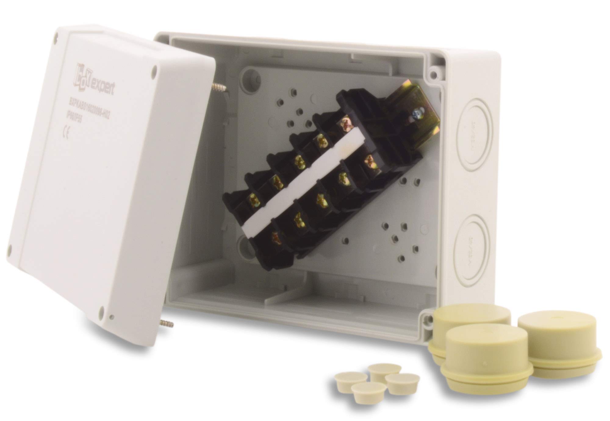 Scatola di giunzione BOXEXPERT 160×200×98 mm IP66 con morsettiera, serie Hanse. Scatola di distribuzione da esterno in ABS impermeabile e antipolvere, RAL7035, per installazione elettrica a parete.