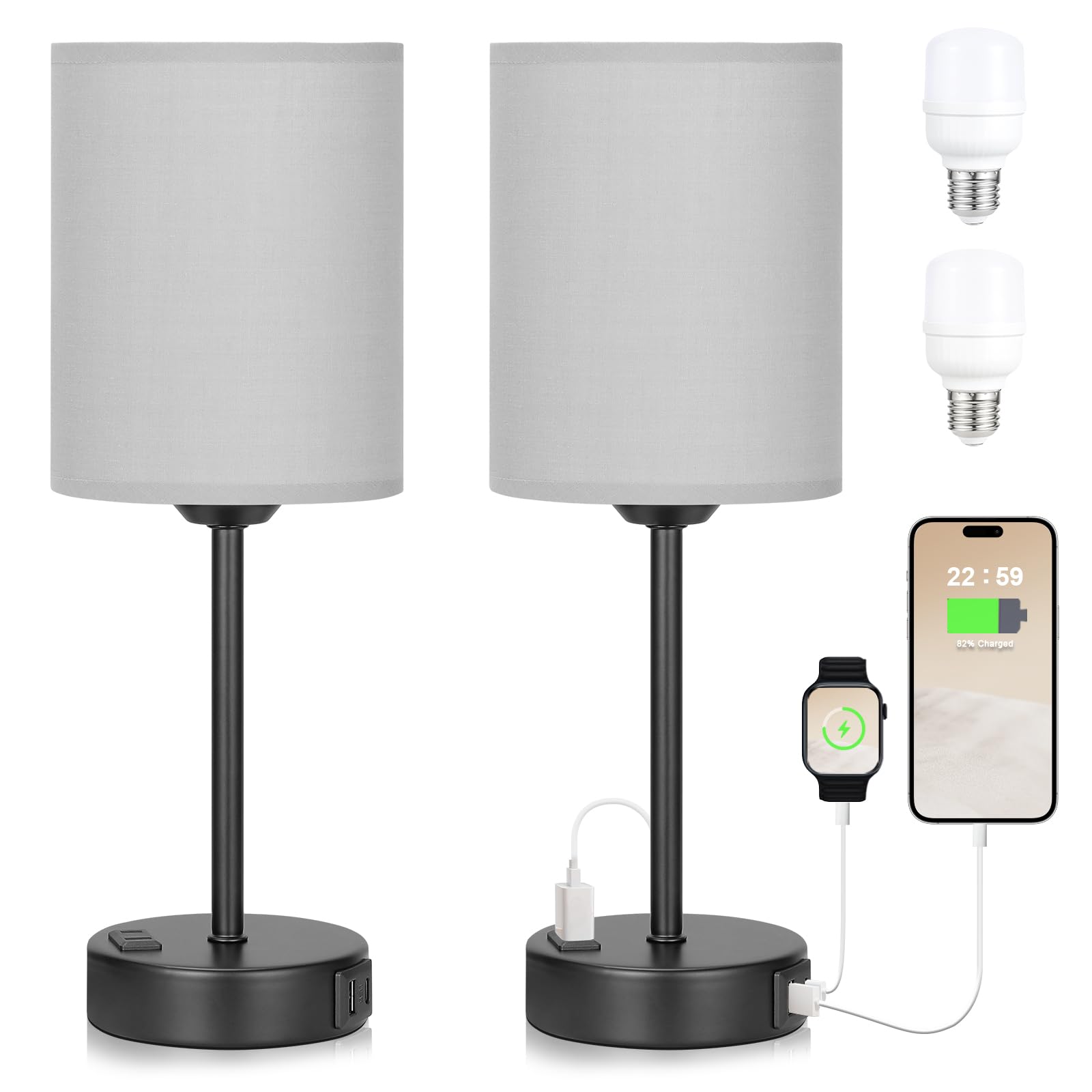 Innqoo - Juego de lámparas táctiles grises de recámara, lámparas de noche de intensidad regulable de 3 vías con puertos USB C y A y tomacorrientes, con base negra, pequeñas, para guardería/oficina