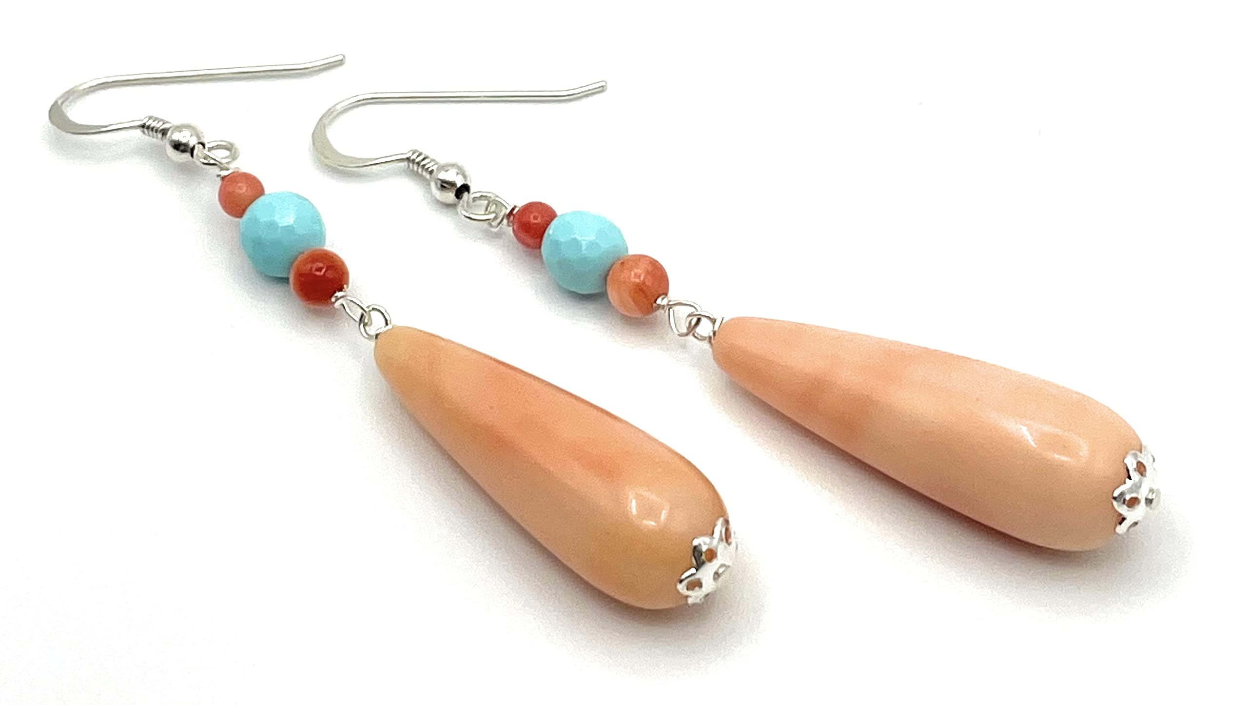 Pendientes Colgantes Largos de Plata 925 y Lagrimas Rosas Coral y Turquesa, Joyas Artesanales, Regalo para Mujeres