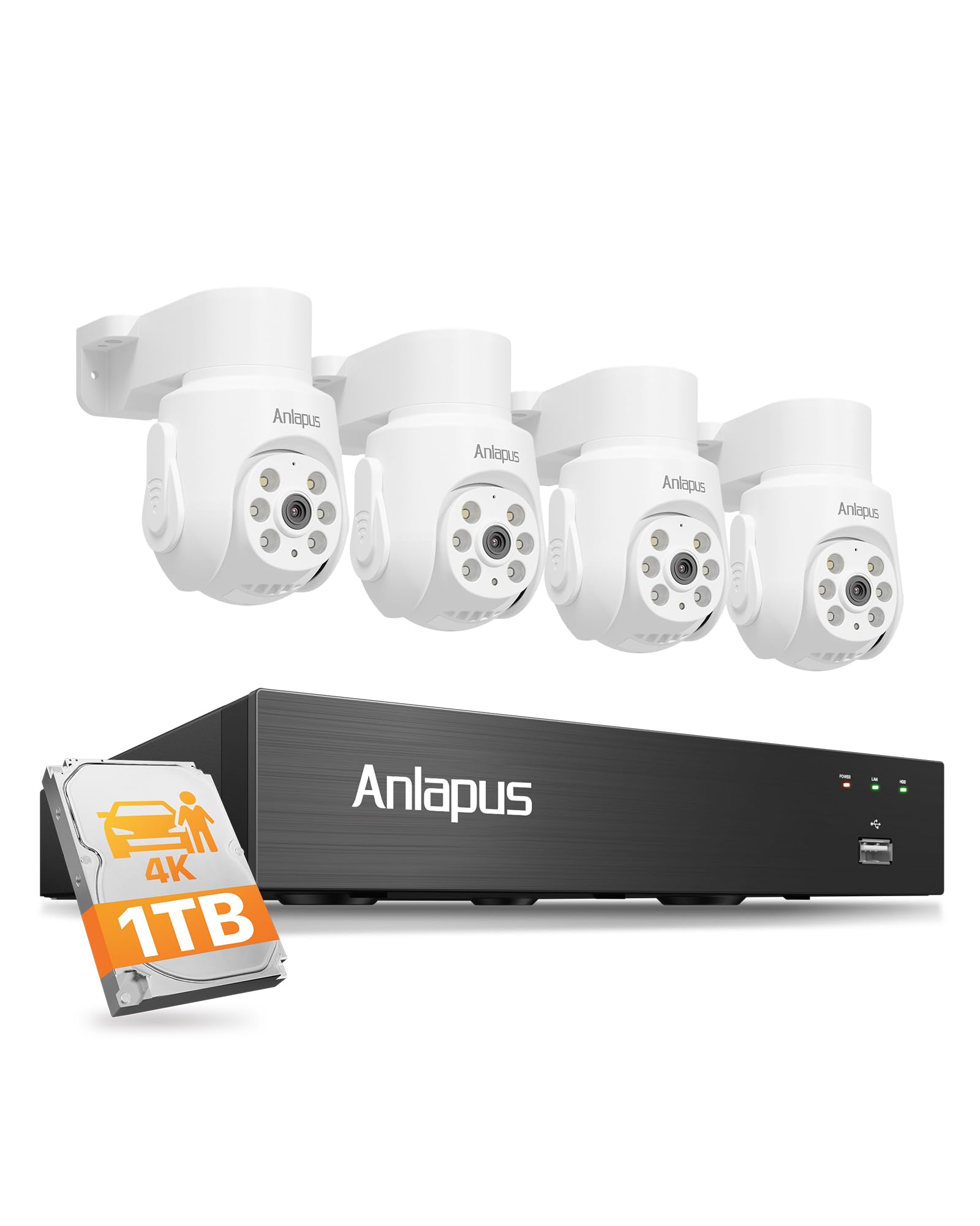 Anlapus 8MP 4K PTZ Überwachungskamera Außen Set mit Audio Kabelgebunden | 8CH DVR 1TB HDD, 4X 360° Schwenken & Neigen Domekameras, KI Mensch-Fahrzeug-Erkennung, 24m IR Nachtsicht, Wasserdicht
