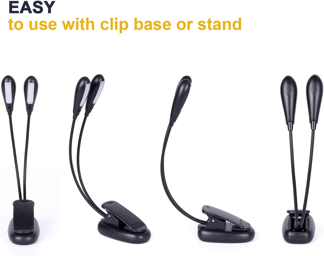 2 Pack Rechargeable Music Stand Light, Clip on Reading Light, 8 LED Book Lamp, 3-Level Brightness for Eye Protection, Perfect for Piano, Orchestra, Bookworms, Craft (White & Warm, Dual Arm)