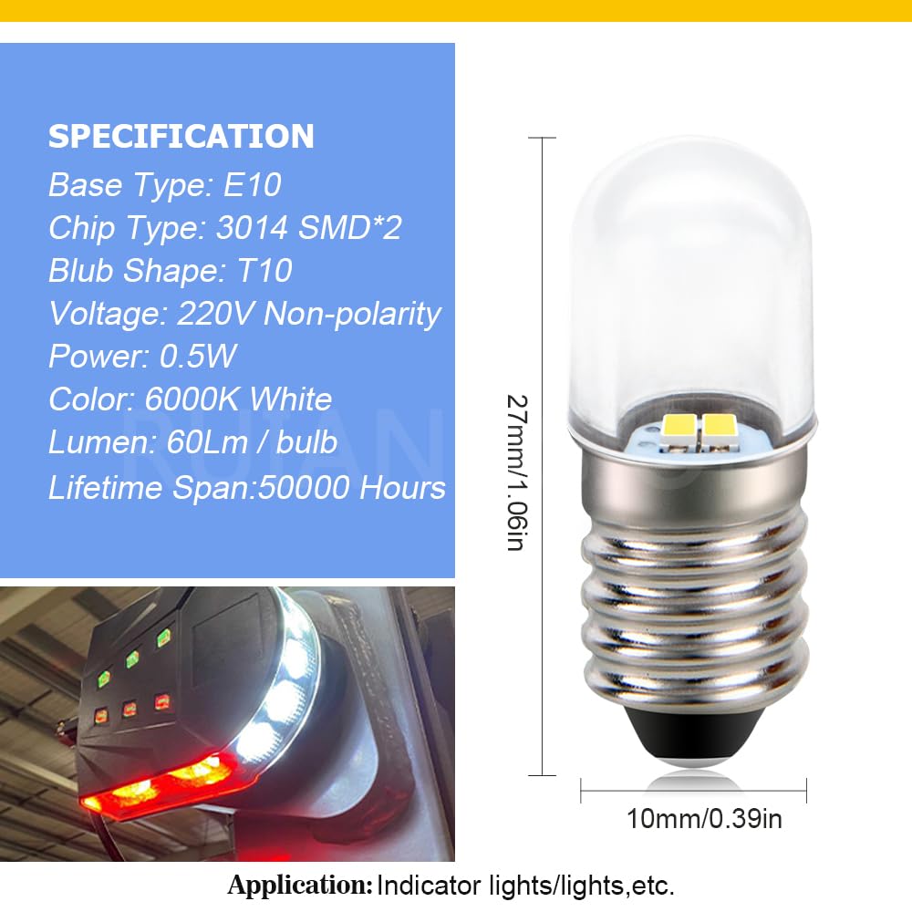 Ruiandsion Zamienne mini żarówki LED E10 białe 220V, zestaw 40 sztuk. Do oświetlenia paneli sterujących i sygnalizacji starej elektroniki