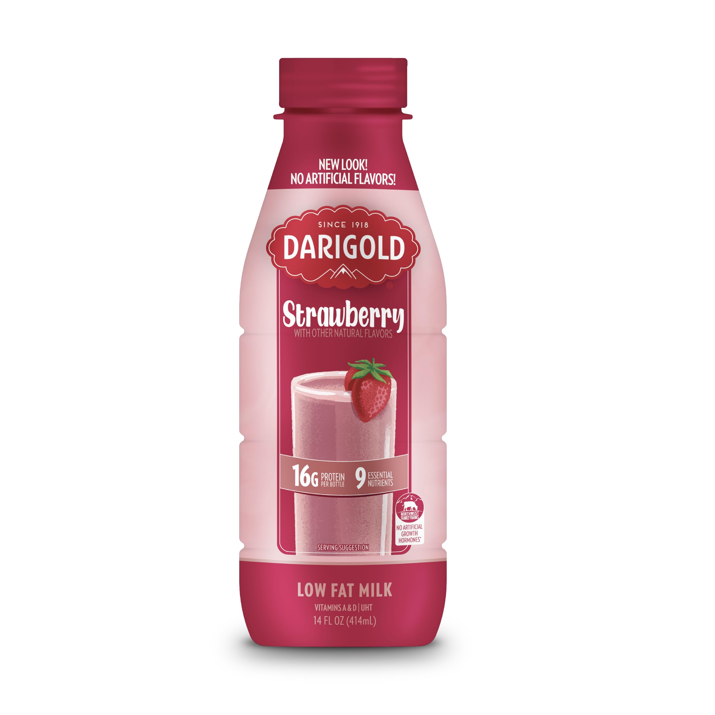 Darigold 1 Percent Milk, Reduced Fat Shelf Stable Milk with 9 Essential Nutrients, 16g Protein, rsBT Free - 14oz, 12 Pack (Strawberry)