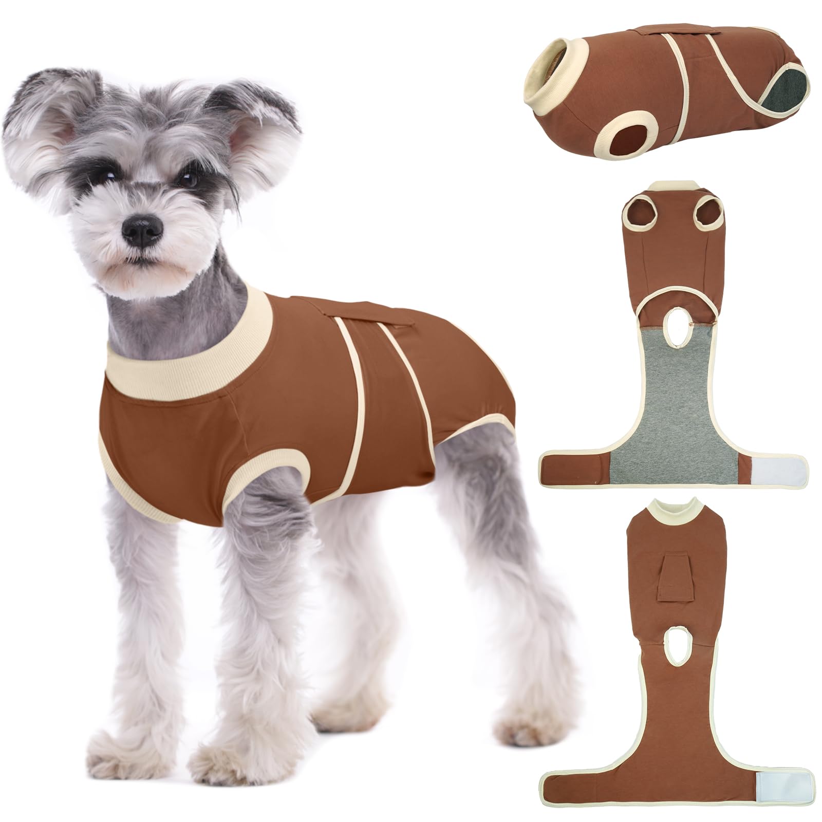Kuoser Dog Recovery Suit, Post-Surgical Dog Onesie for Male & Female Dogs, Brown, Cotton Blend, S(Back:11.4"-13.4";Chest:15.7"-19.3")