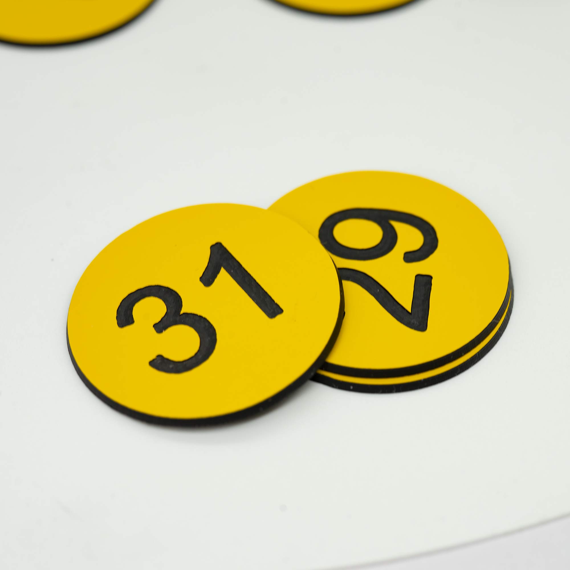 StayMax Engraved Numbered Tags Without Hole (1-100, Yellow) - 100 Labels, Round, Plastic, Uncoated, 1.18" DIA, Tag - Image 4