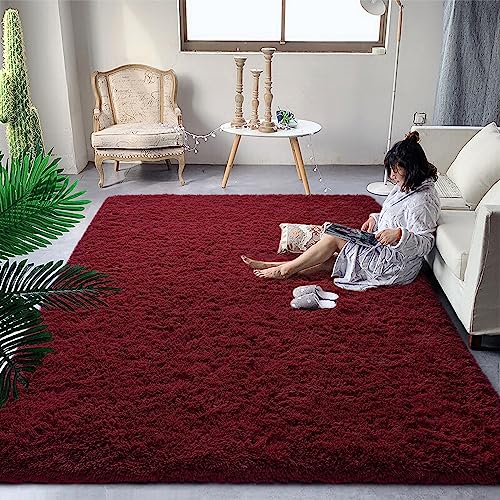 DweIke Fluffy Burgundy Red Rugs for Bedroom Living Room, 3x5 Feet Soft Plush Shaggy Wine Maroon Girls Boys Kids Rug, Non-Slip and Machine Washable Carpet for Dorm Nursery Classroom Decor