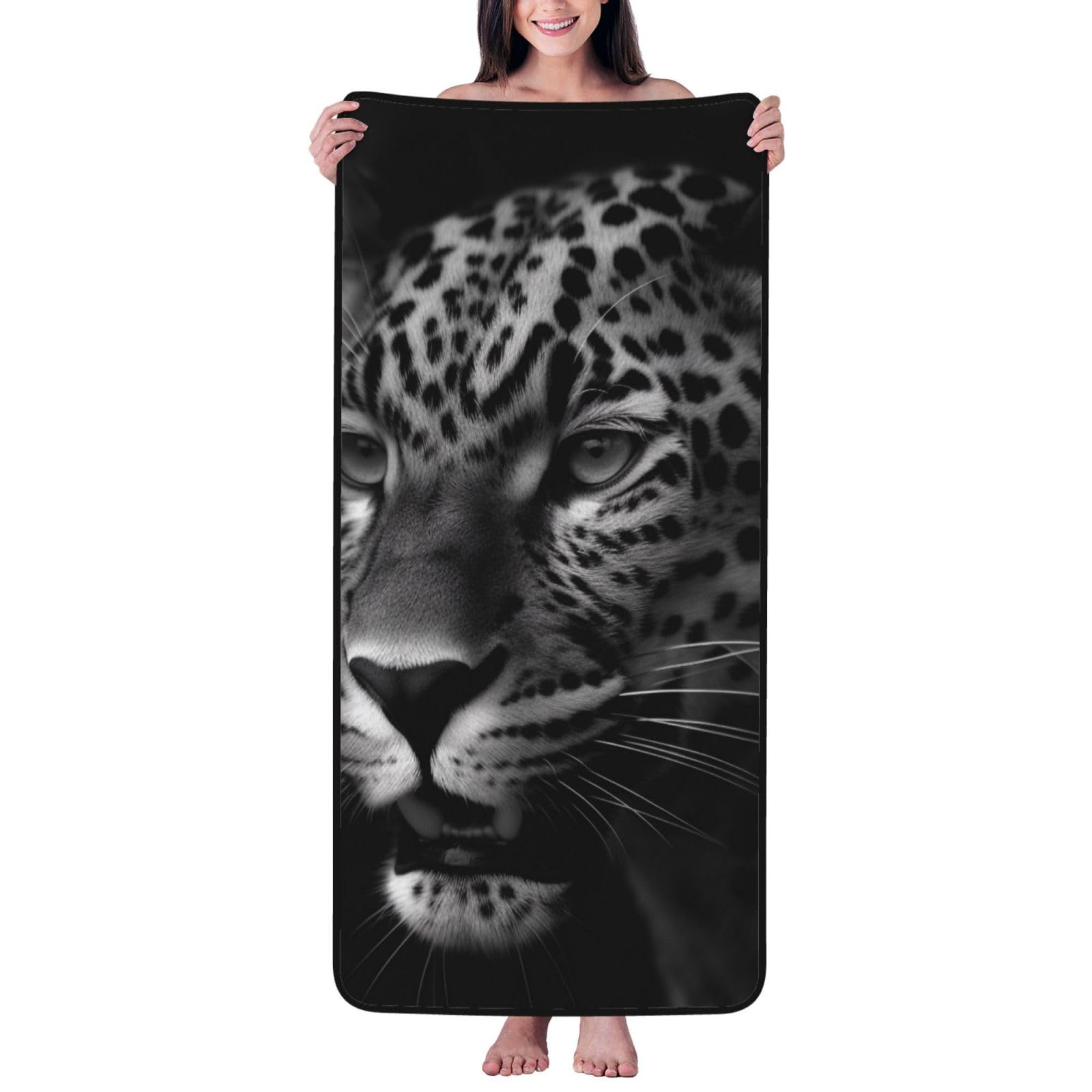 WPKJU Leopard Printed Bath Towel with Black Edging - 27x55 in Soft Extra Absorbent Coral Velvet Shower Towels for Bathroom