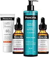Principia Kit Anti-manchas Essencial com quatro fórmulas: um gel de limpeza com mix de tensoativos + salicílico + glicerina, um sérum de ácido mandélico + alfa-arbutin, um sérum de niacinamida + zinco PCA e um protetor solar fluido antioleosidade com mix de filtros UV + niacinamida, FPS 60, toque seco e com eficácia contra raios UVA e UVB.