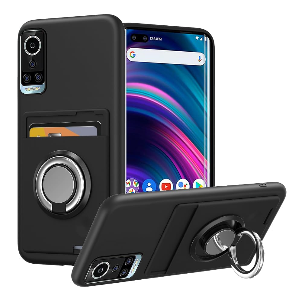 Kaotengwo OnePlus Nord N20 5G Silicone Phone Case with Tempered Glass Screen Protector, Card Holder Ring Stand - Black