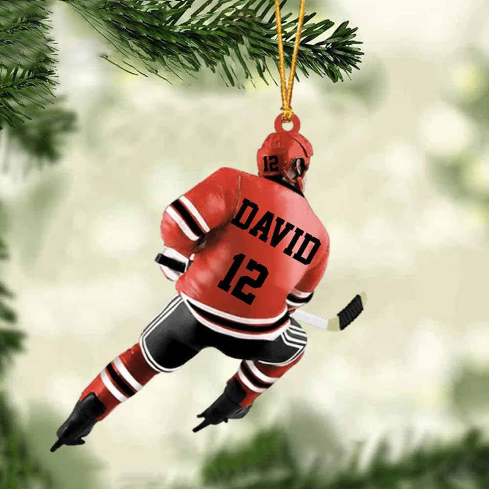 Personalized Hockey Player Car Ornament 2025, Custom Acrylic Wood Christmas Tree Decoration, Unique Holiday Keepsake Gift for Hockey Fans, Athletes,