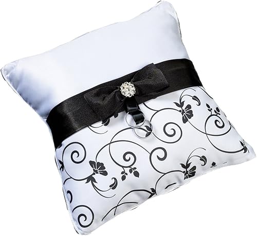 Almohada de anillo de boda blanco y negro con lazo y diamantes de imitación de plata