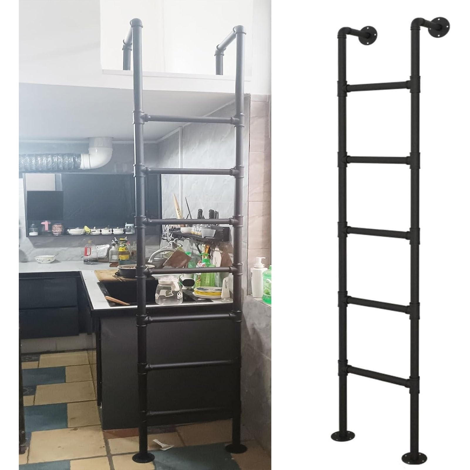Wall Mounted Metal Ladder for Home Loft, 4-8ft Height Basement Window Well Egress, Black Attic Bunk Bed, Emergency Fire Climbing, Customizable Size, Loads 330lbs