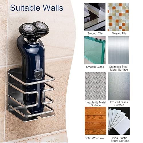 BelleJoomu Electric Razor Holder Wall Mounted, 304 Stainless Steel Shaver Rack with 3M Self-Adhesive, Space-Saving Bathroom Organizer