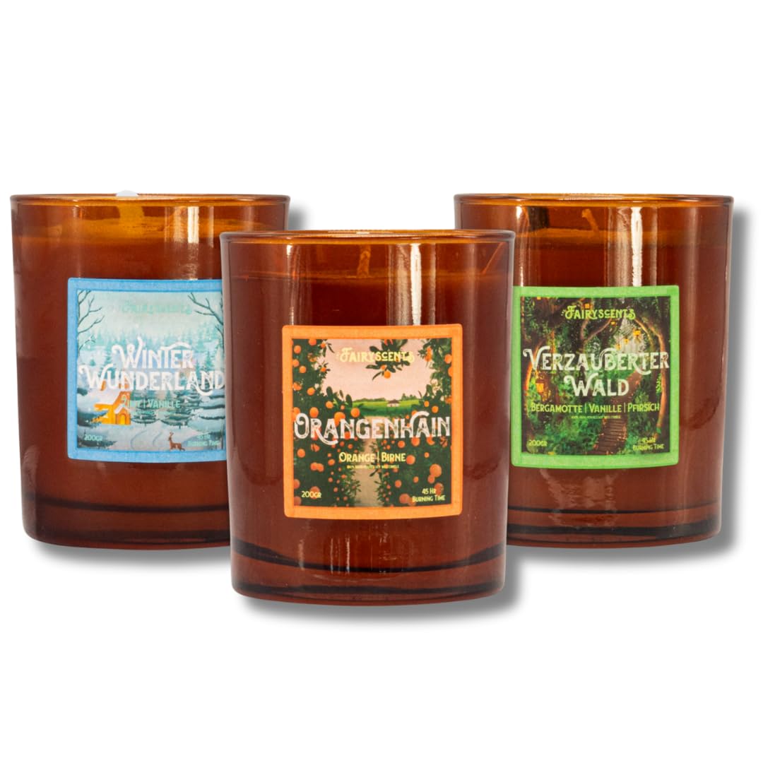 Verwunschene Welten Duftkerzen Set 3-teilig – Zimt & Vanille, Bergamotte & Pfirsich & Vanille, Orange & Birne – 45h Brenndauer je Kerze – Handgefertigt & Vegan – Geschenkset für Winter & Zuhause