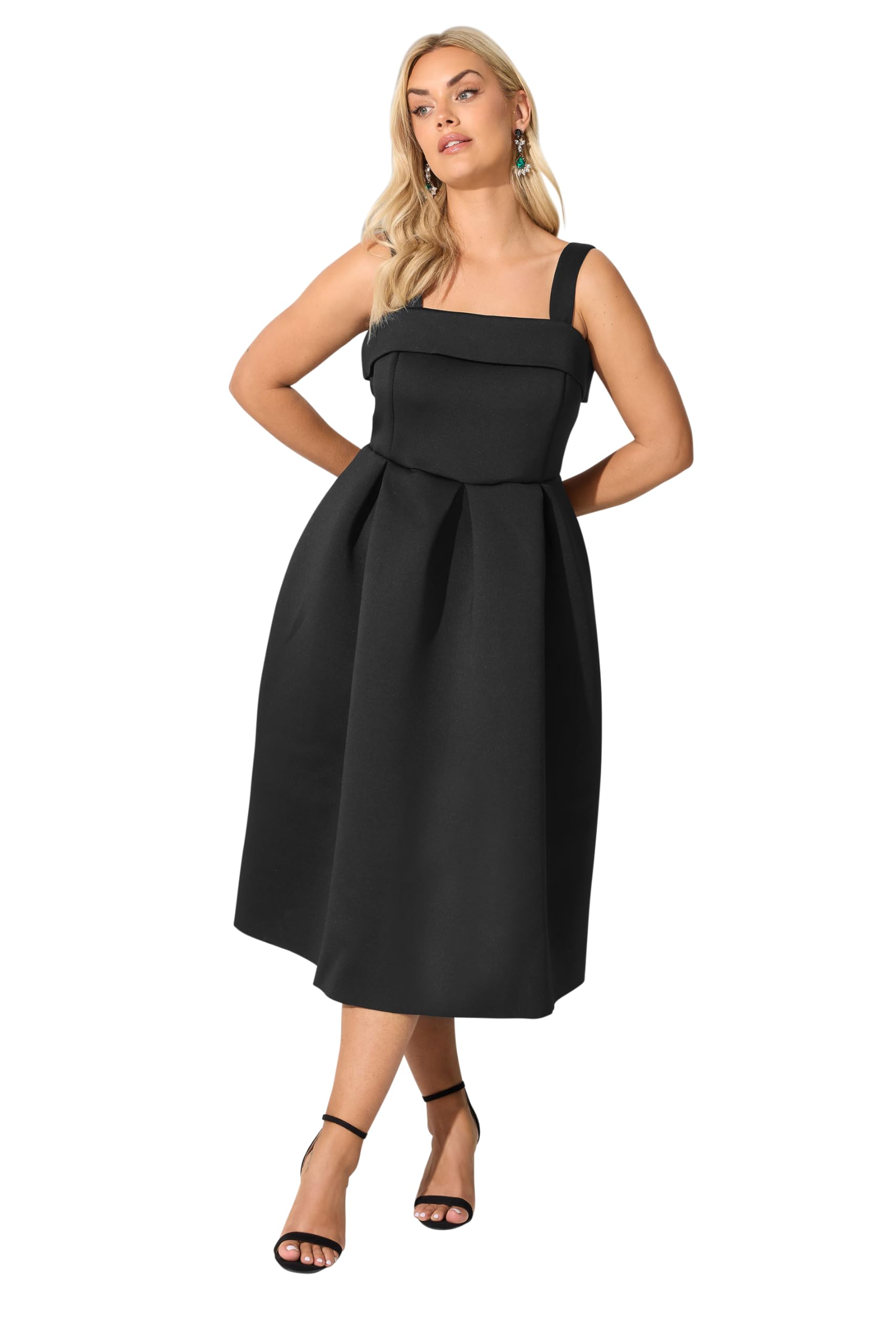 Yours Women's Black Square Neck Midi Skater Dress In | Size: 24