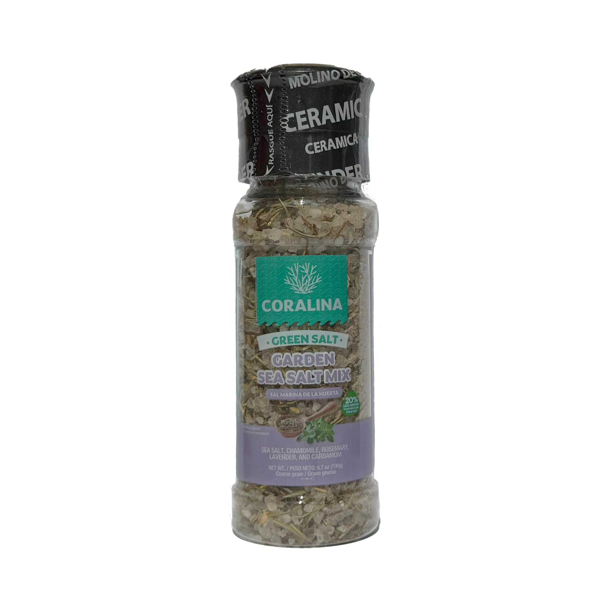Coralina Garden Sea Salt (Reduced Sodium 20%) – Herbal Blend with Chamomile, Rosemary & Lavender. Sophisticated & Aromatic. Refillable Ceramic Grinder