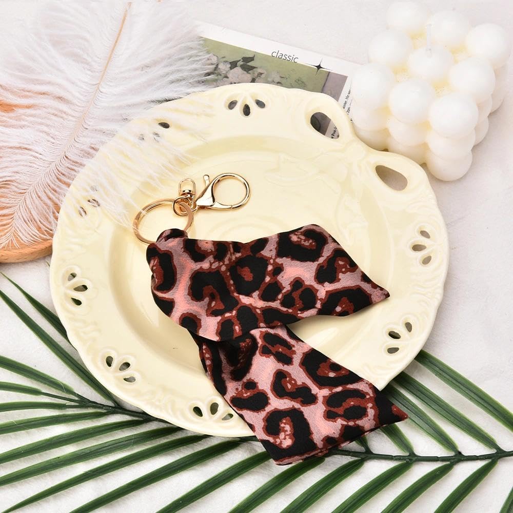 Leopard Keychain Bag Charm for Women Girls Ribbon Bow Scarf Key Chain Purse Handbag Accessories - Image 2