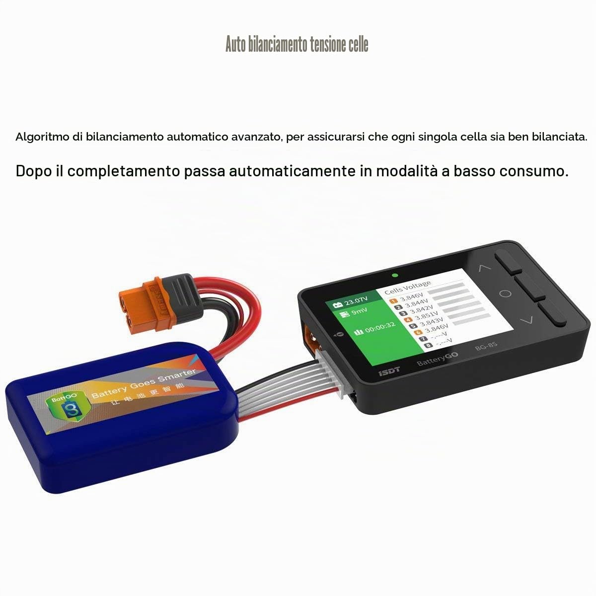 ISDT BG-8S - Tester di capacità della batteria, schermo LCD, tester di tensione per batterie LiPo/Life/Li-ion/NiMH/Nicd