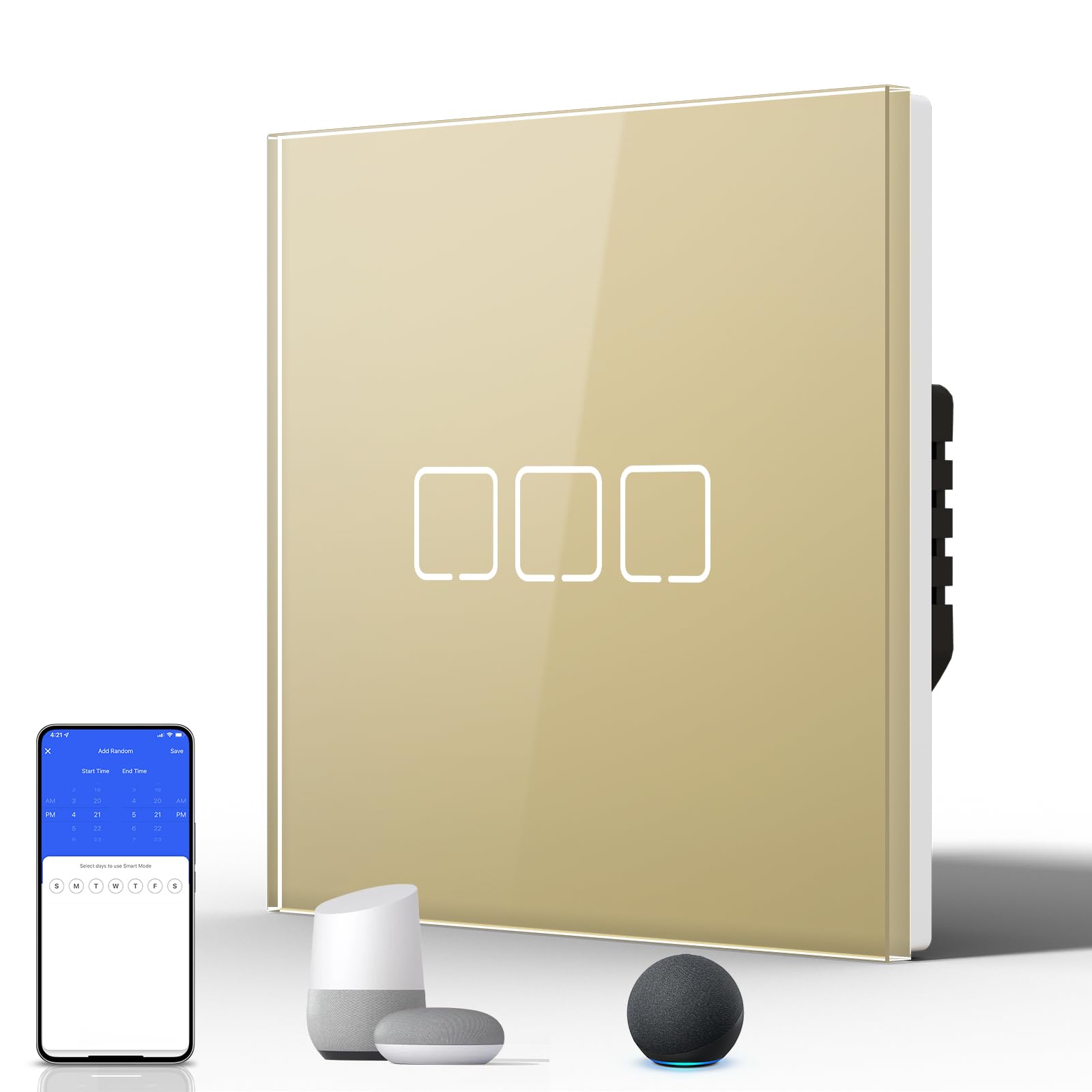 BSEED Smart Touch Light Switch,WIFI Rocker Wall Light Switches with Glass Panel,Push-button with LED Backlight,Horizontal & Vertical Mounting,Neutral Wire Required,3 Gang 1 Way,86mm Gold