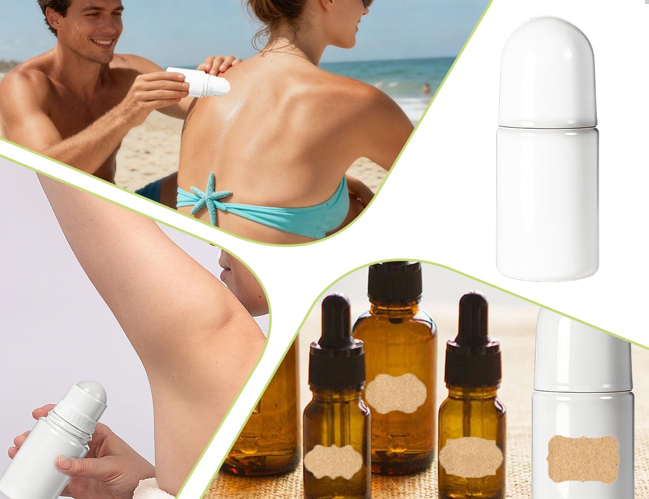Paquete de 4 Frascos Roll-On Rellenables de Plástico con Etiquetas Adhesivas Para Aromaterapia, Aceites Esenciales, Perfumes y Viajes (Blancos, Redondos, 50 ml)