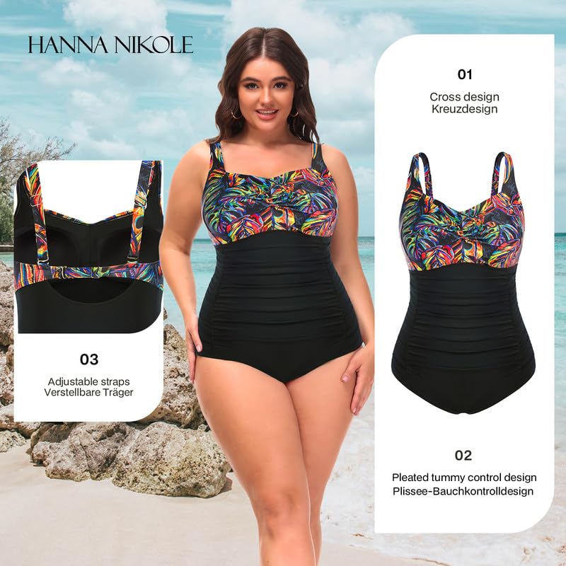 Hanna Nikole Einteilige Bademode Damen Große Größen Bauchweg Push Up Einteilige Swimsuit Für Mollige Frauen Bunte Blätter 42 2