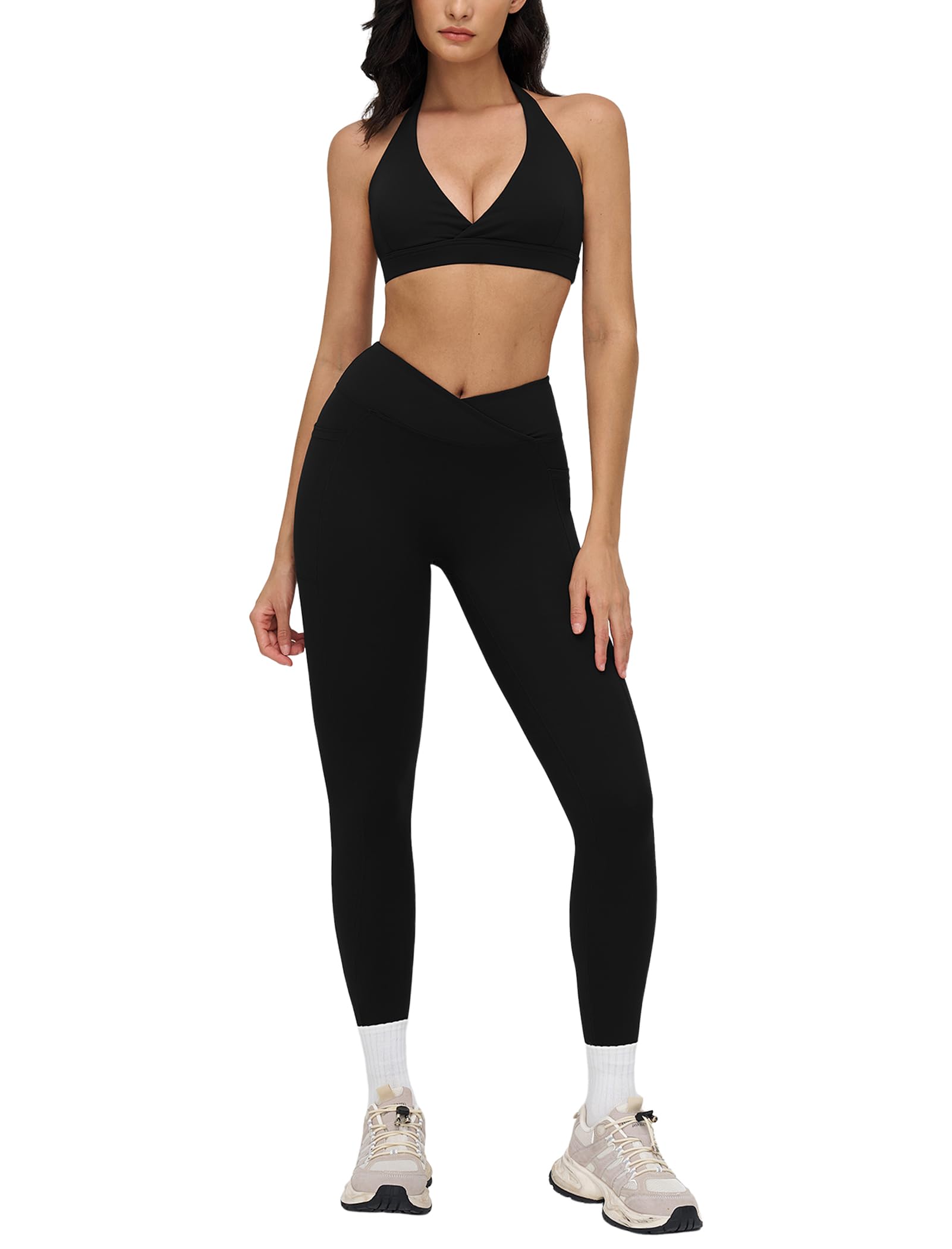 Womens Two Piece Workout Sets Deep V Neck Sports Bra Crossover Leggings with Pockets Gym…