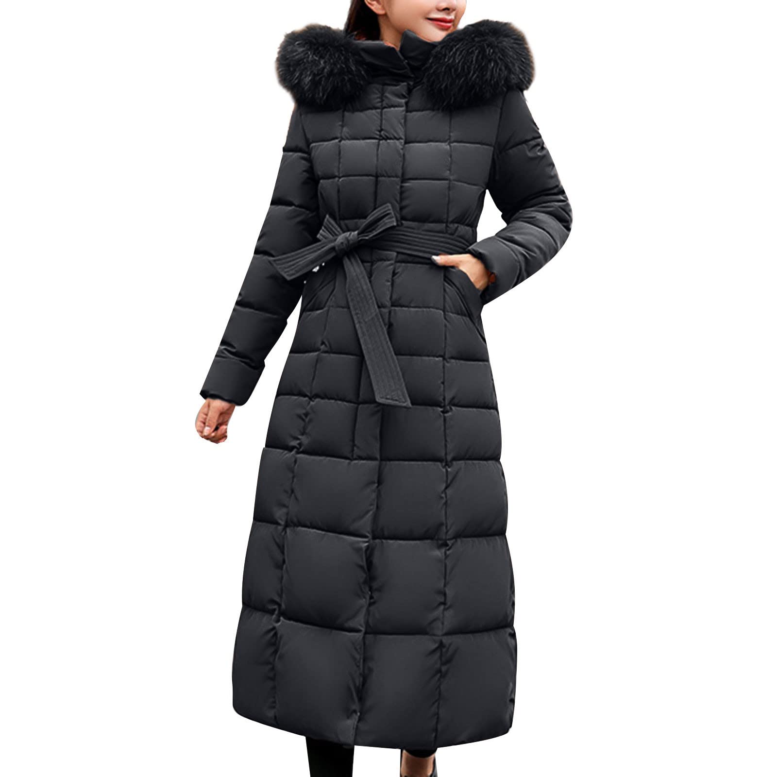 Teptdirio Women's 02#-Black Down Maxi Winter Coat - Hooded Puffer Quilted Parka - Extra Long Thickened Down Jacket - Full Length Winter Jacket With Hood And Fur