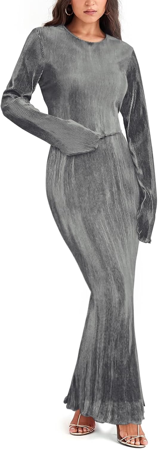 Two Piece Skirt Set for Women Long Sleeve Pleated Crew Neck Tops and High Wasit Bodycon Maxi Skirt Sets