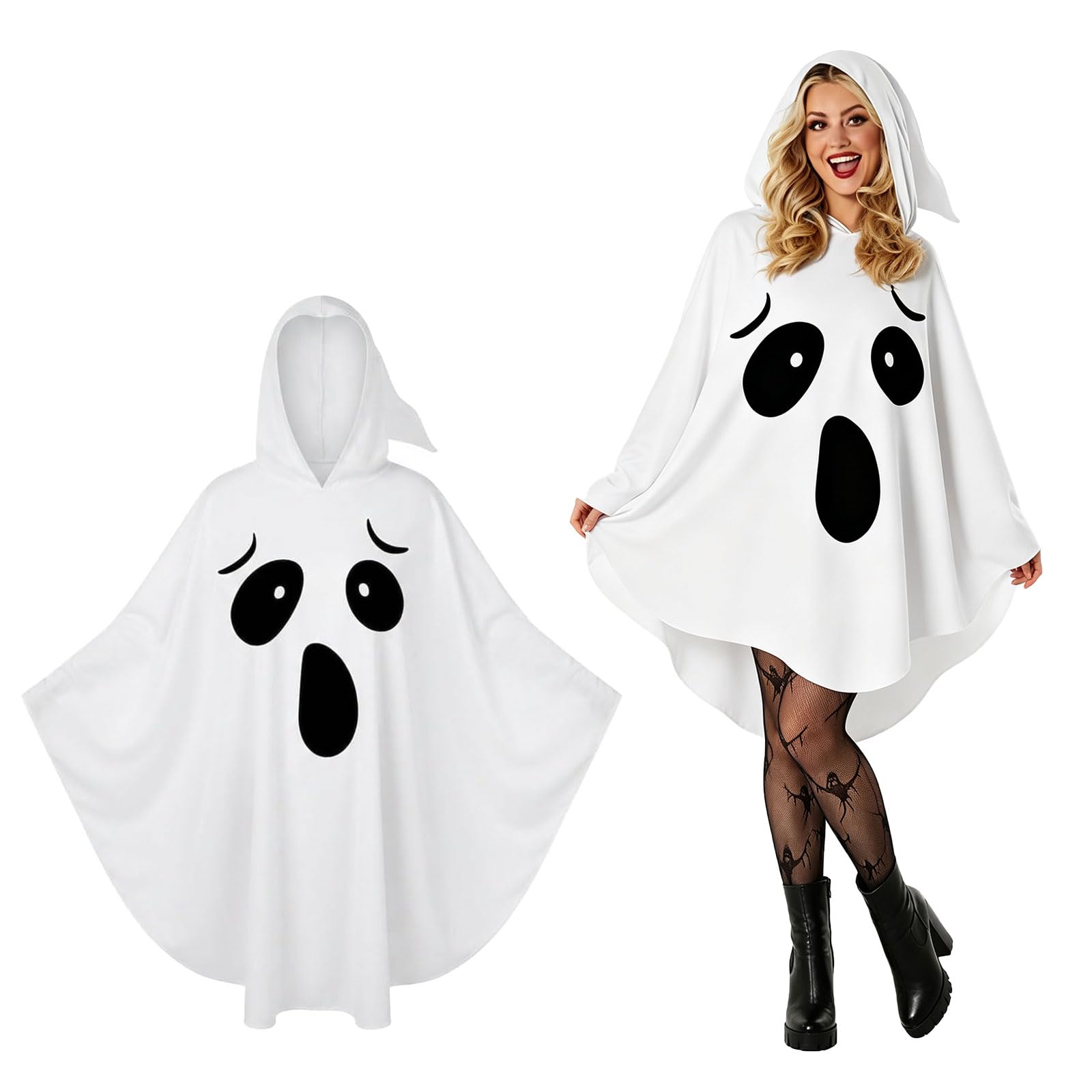 Weißes Geistercape mit Kapuze – Halloween Kostüm, One Size