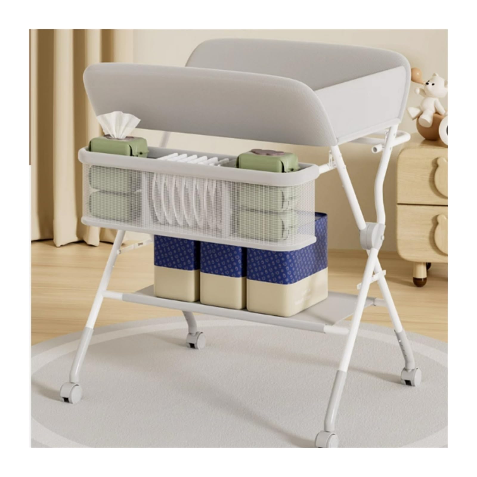 Cambiador Mesa for pañales de baño de masaje con rueda antideslizante, mesas plegables for el cuidado del bebé, cama multifuncional for bebé, mesa for cambiar pañales táctil Organizador de guardería