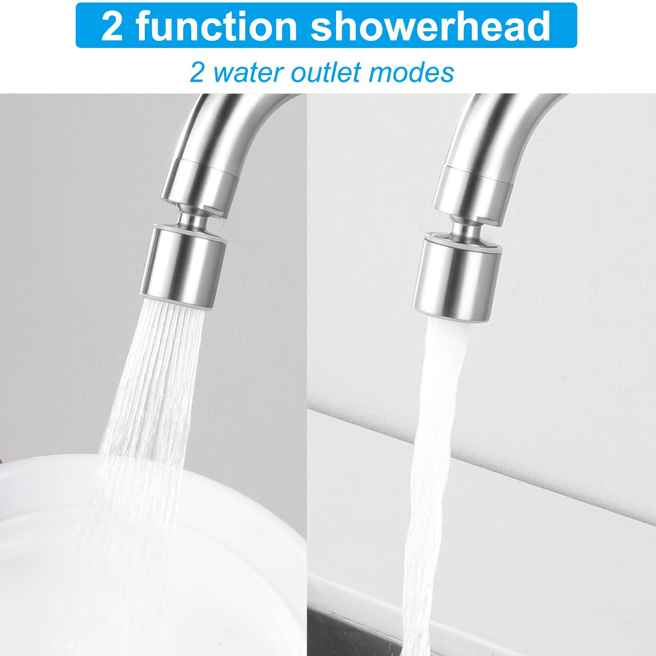 Grifo de Cocina con 2 Modos, Mezclador para Fregadero con Rociador de Caño Giratorio, Grifería Monomando de Acero Inoxidable 304, Agua Fría y Caliente, Aireador Extraíble