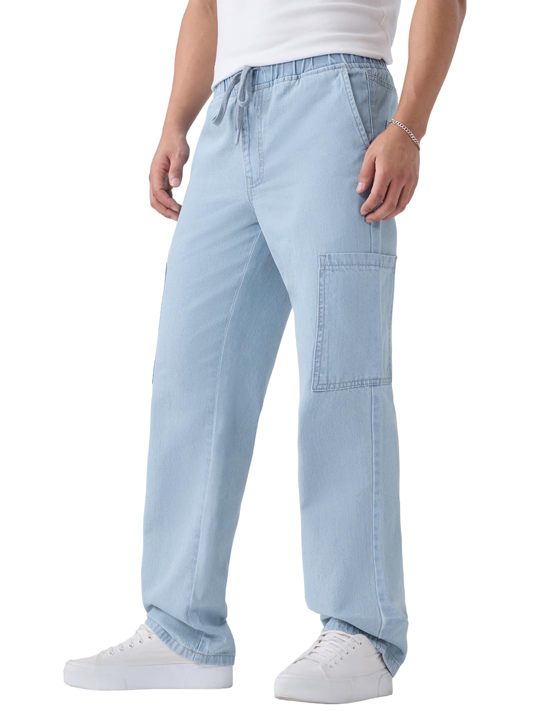 the souled store Pull On Denims: Outland Men and Boys Elastic Waist Light Wash Solid Cotton Straight Fit Lightweight Everyday Pull On Cargo Jeans-picture-17