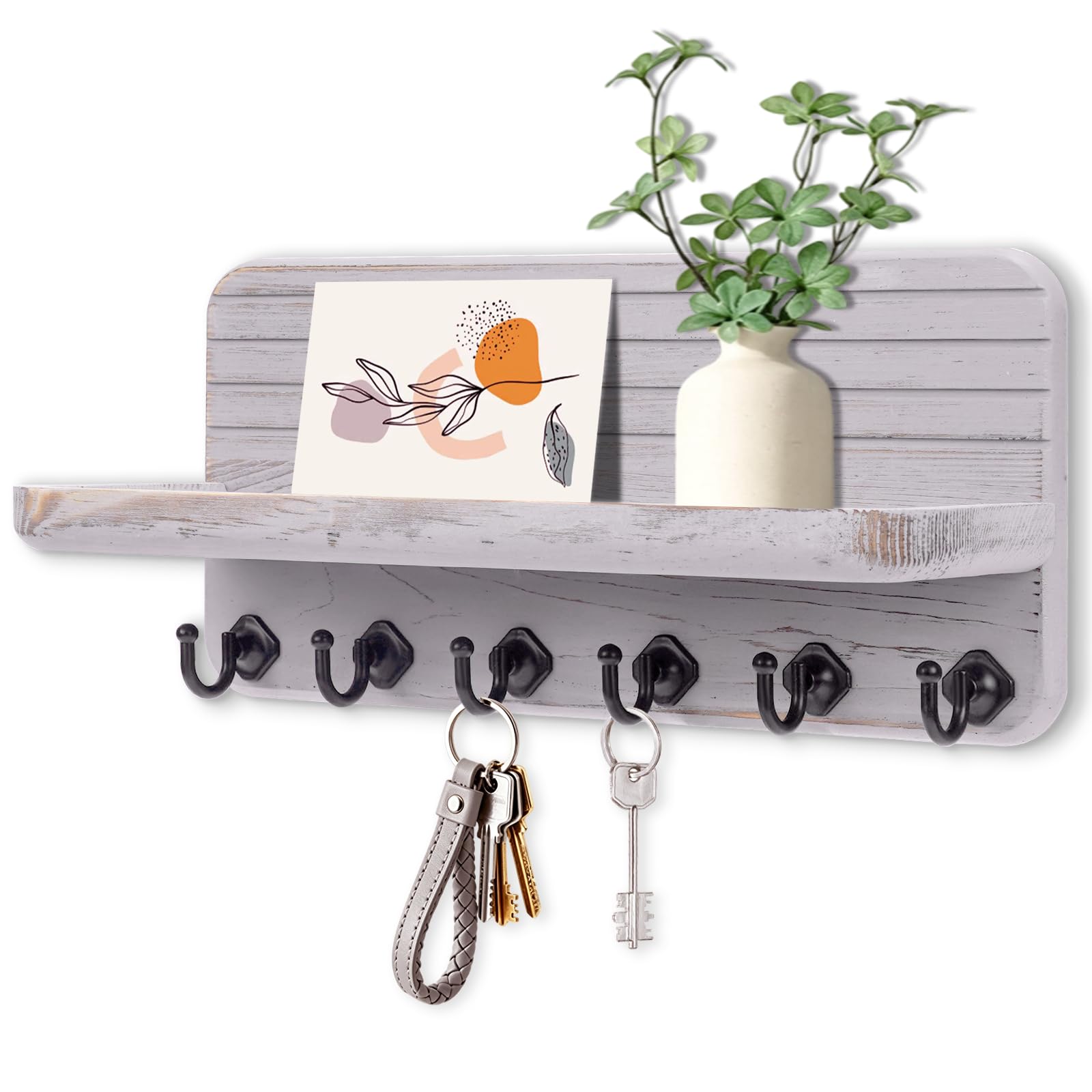 Key Holder for Wall, Mail Organizer Wall Mount with 6 Hooks Wooden Hanging Key Rack for Home Decor, Hallway, Entryway (Stone Gray)