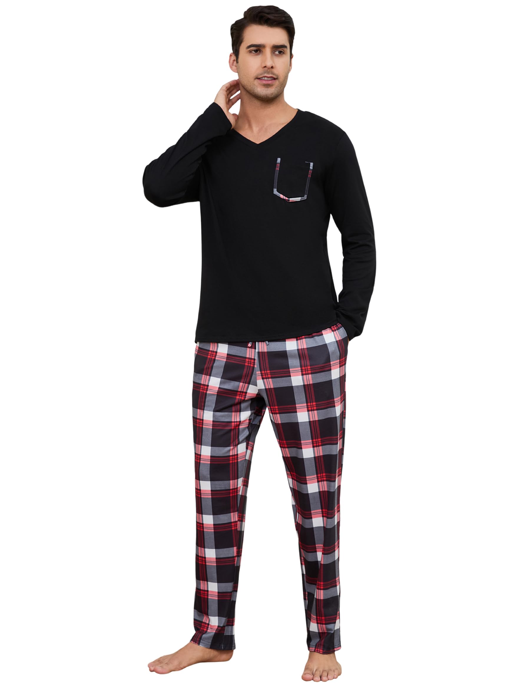 Alebame Pigiama Uomo Invernale Pigiama Uomo Cotone Lungo Pigiami Due Pezzi da Uomo Maniche Lunghe da Casa Caldo Casual