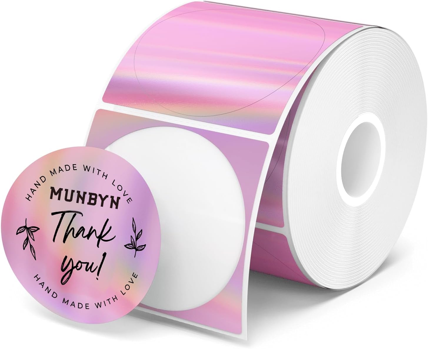MUNBYN 2" Circle Holographic Thermal Label Stickers Pink, Round Printable Rainbow Glitter Thermal Printer Sticker Labels for Gift Wrapping, Self-Adhesive Name Price Tag DIY Custom Logo Design