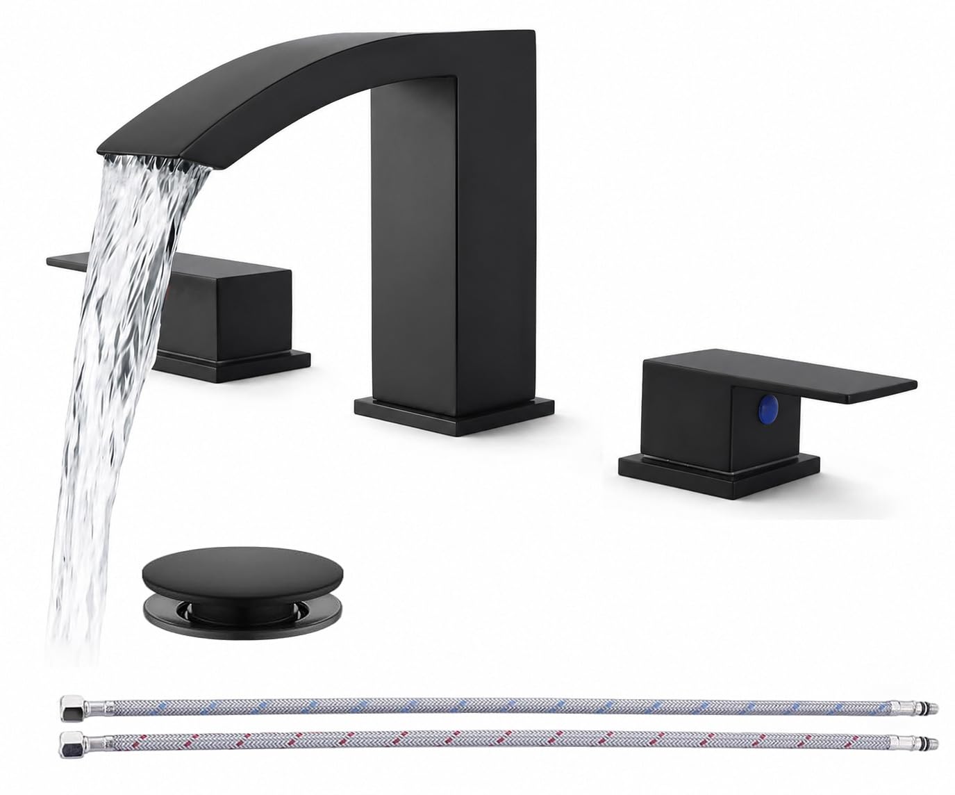 Friho Grifos de baño negros de 3 agujeros, cascada generalizada de 8 pulgadas, grifo cuadrado negro mate con drenaje emergente y líneas de suministro, dos asas para tocador, caravana, baño FR2DC17808B