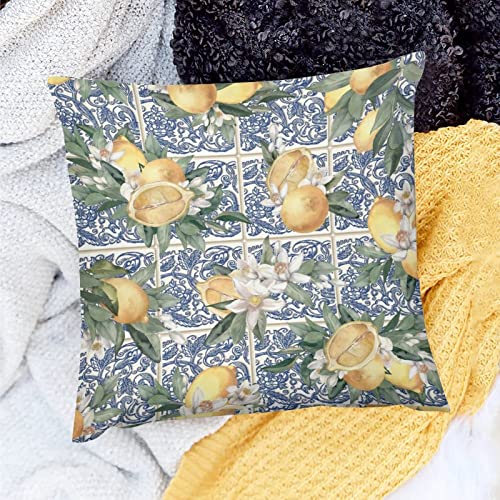 Rurals Mediterranean Lemon Pattern On Ceramic Tile Decorative Pillow Covers Cozy Soft Throw Pillowcase Square Couch Cushion Cover For Home Decor Sofa Living Room Bed Car 18X18 Inch #TOP7
