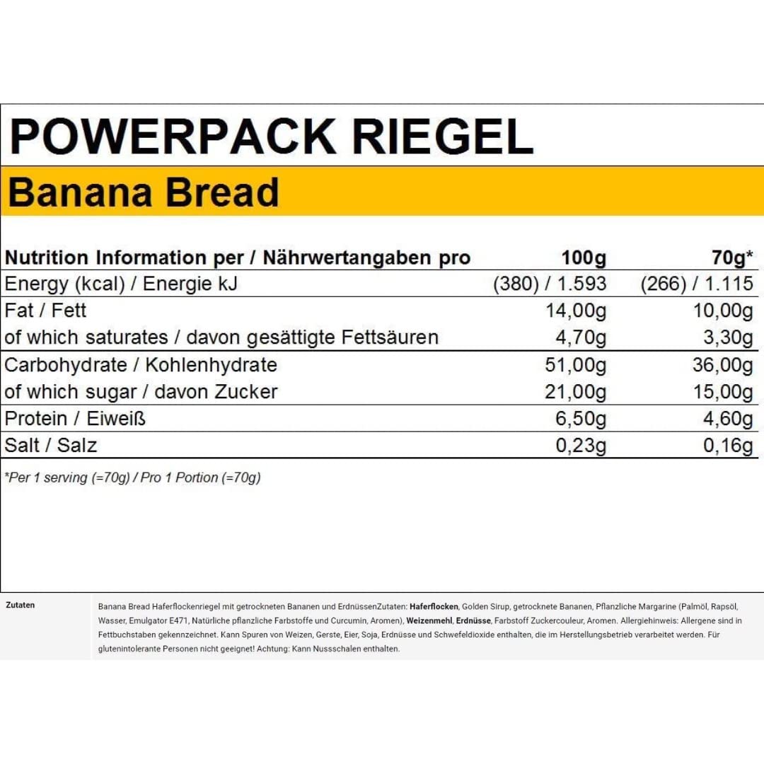 Peeroton Powerpack Riegel Banana Bread - Energieriegel ohne Zucker - Protein Snack Mahlzeitenersatz mit langanhaltender Energieverfügbarkeit - der Haferriegel, der sättigt und stärkt - 18 x 50 g